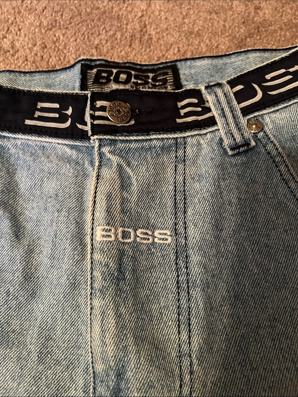 BOSS Light Blue Denim Logo Waistband Shorts - Picture 4 of 6